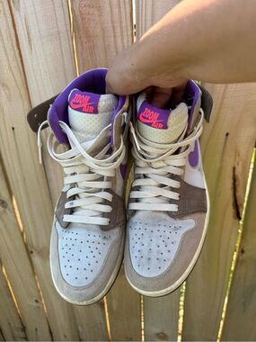 Nike High-Top Sneakers in Beige, Brown & Purple with Neon Pink Logo